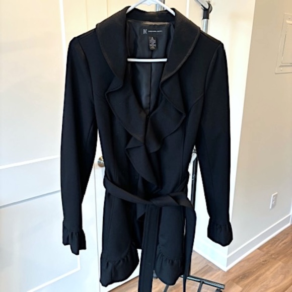 INC Black Ruffle Coat with Wrap Belt - Small (EUC) - Picture 2 of 5